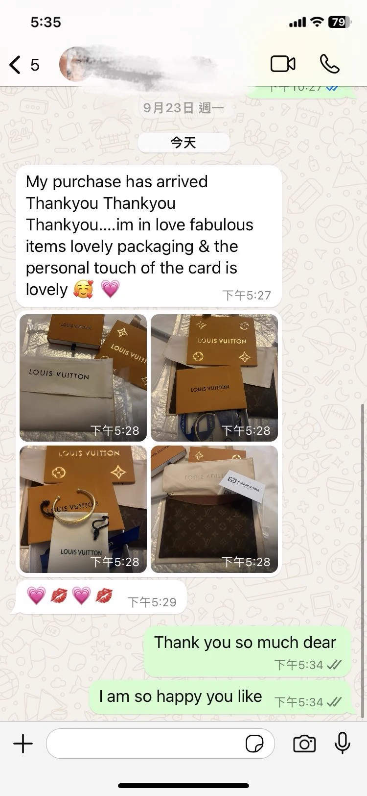 Customer message praising the items, packaging and personal card