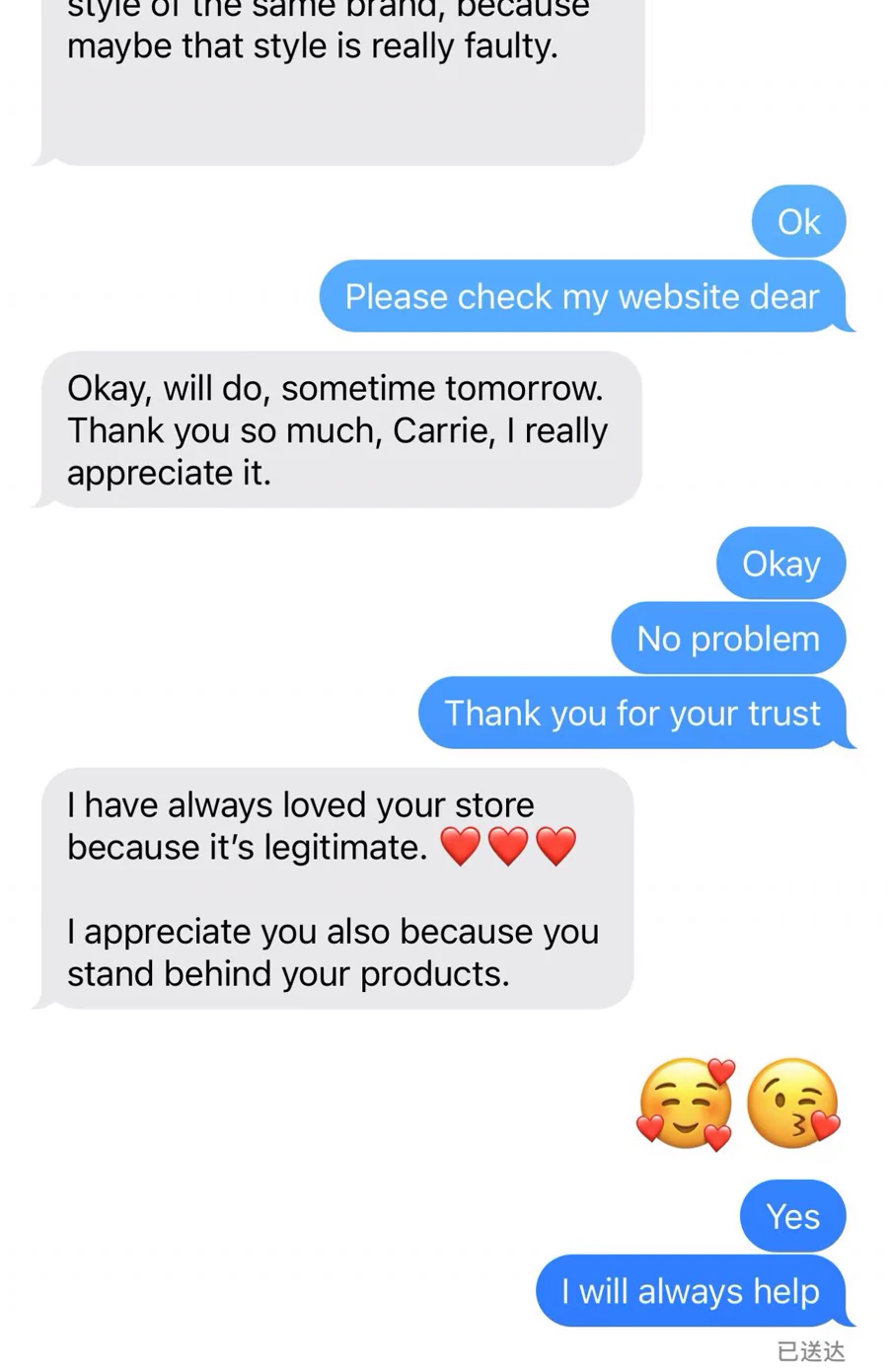 Customer message describing trust in the store and its support