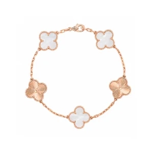 White Mother-of-Pearl and Guilloché Five-Motif Rose Gold-Plated Clover Bracelet