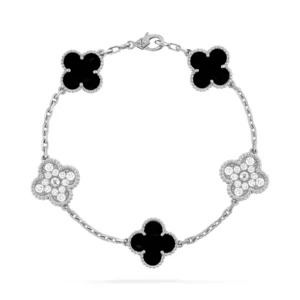 Black Onyx and Diamond Five-Motif White Gold-Plated Clover Bracelet