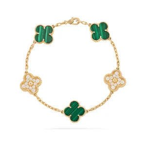 Malachite and Diamond Five-Motif Gold-Plated Clover Bracelet