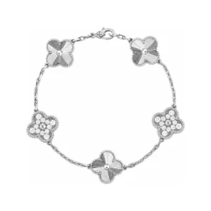 Diamond and Guilloché Five-Motif White Gold-Plated Clover Bracelet