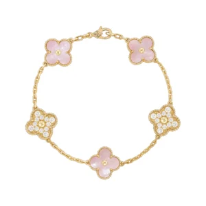 Pink Mother-of-Pearl and Diamond Five-Motif Gold-Plated Clover Bracelet