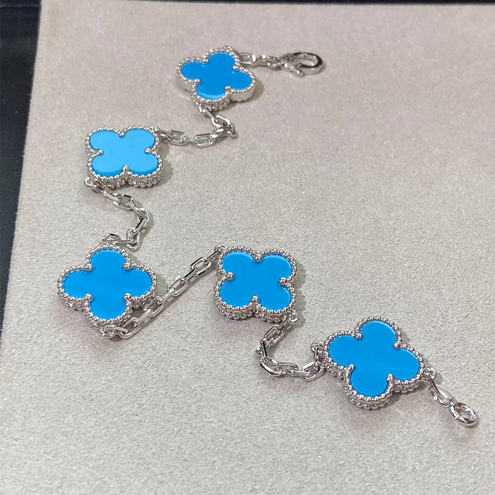 Turquoise Five-Motif White Gold-Plated Clover Bracelet - Image 2
