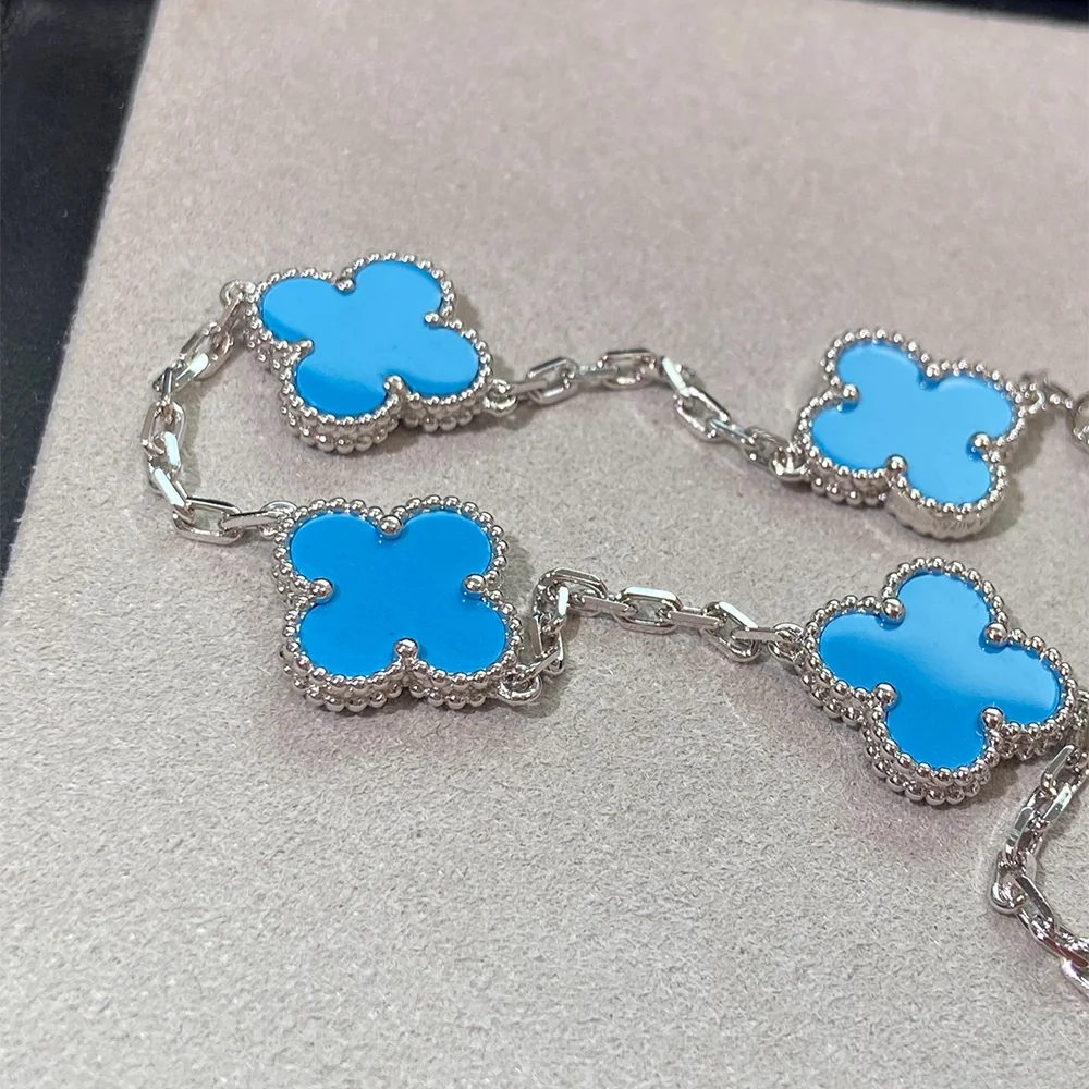 Turquoise Five-Motif White Gold-Plated Clover Bracelet - Image 3