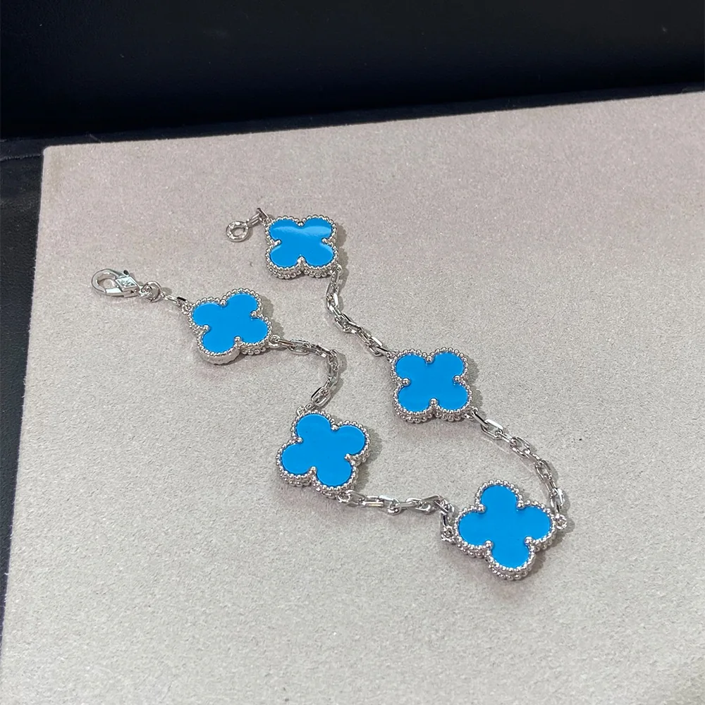 Turquoise Five-Motif White Gold-Plated Clover Bracelet - Image 5