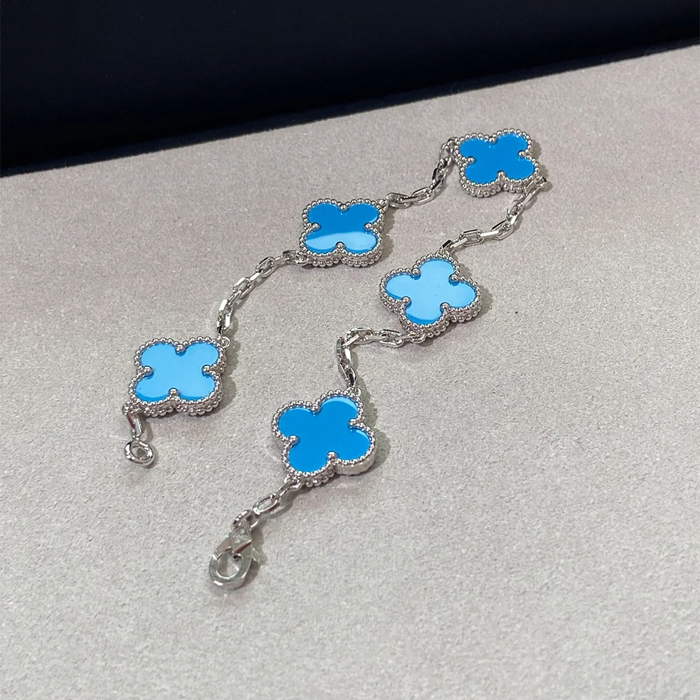 Turquoise Five-Motif White Gold-Plated Clover Bracelet - Image 6