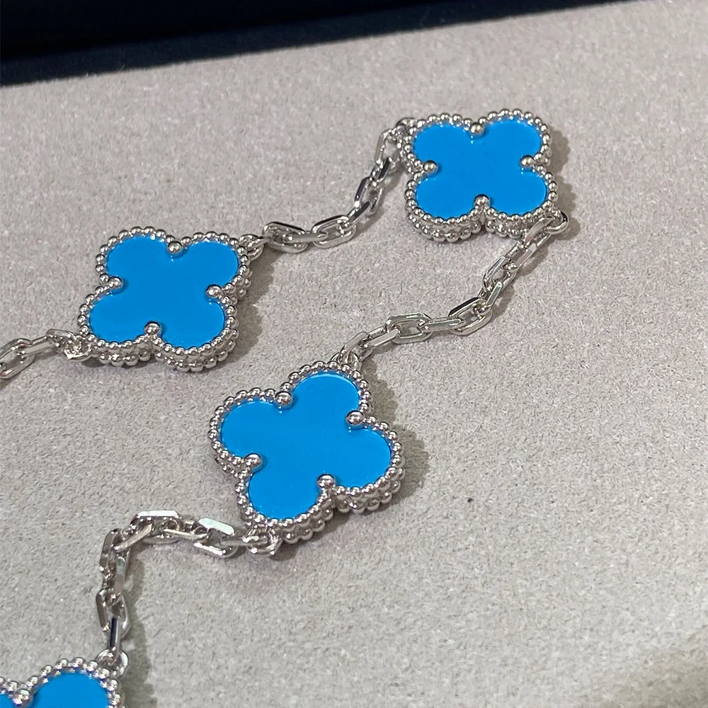 Turquoise Five-Motif White Gold-Plated Clover Bracelet - Image 8