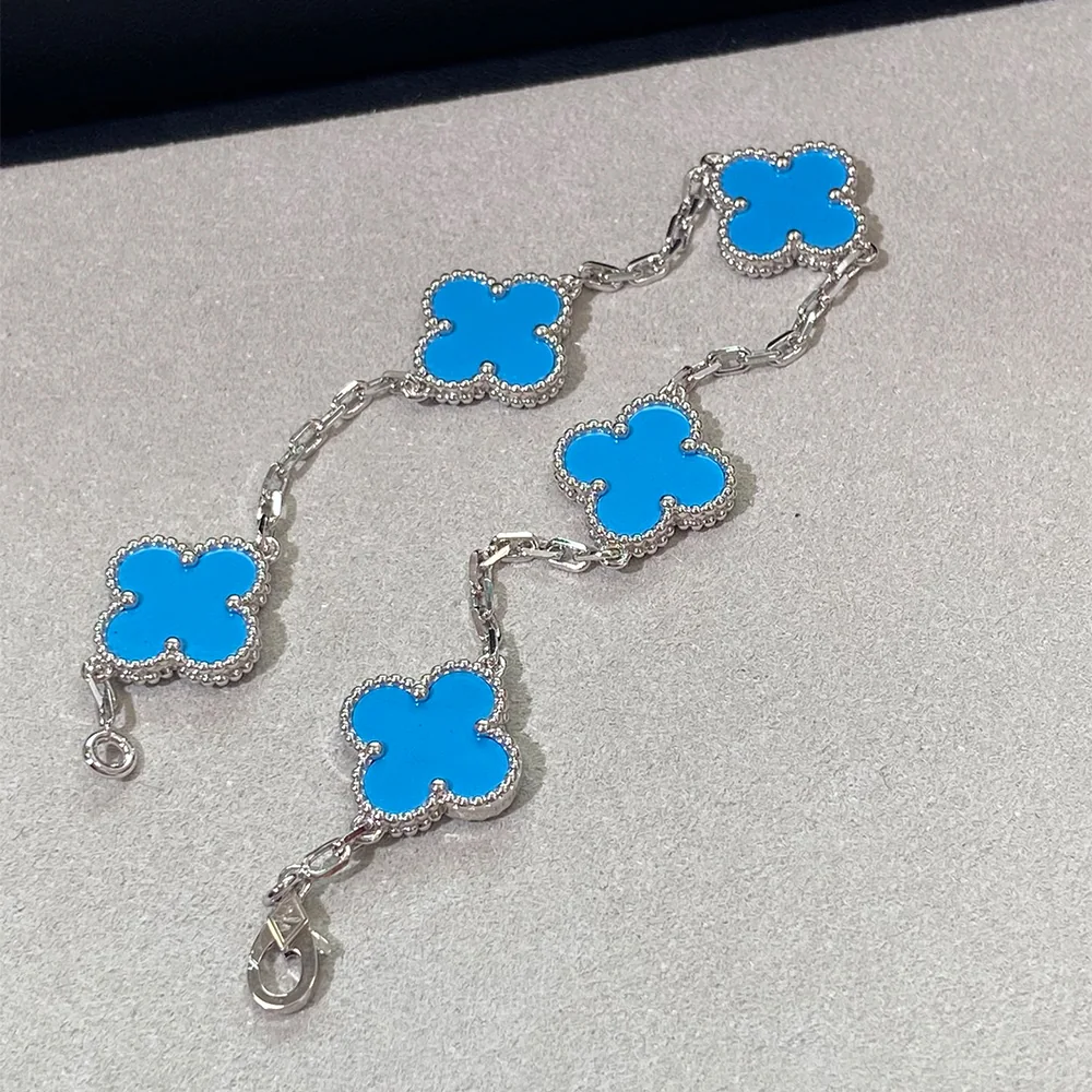 Turquoise Five-Motif White Gold-Plated Clover Bracelet - Image 9