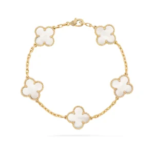 White Mother-of-Pearl Five-Motif Gold-Plated Clover Bracelet