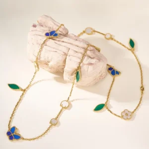 Lucky Spring Butterfly 15-Motif Multi-Stone Gold-Plated Long Necklace