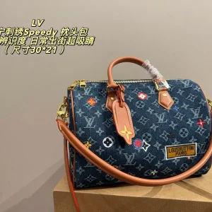 Gestickter Denim mit Tragegriff, Schulterriemen und Umhängegurt Kissentasche, Denim, 30 × 21 cm, 0,9 kg